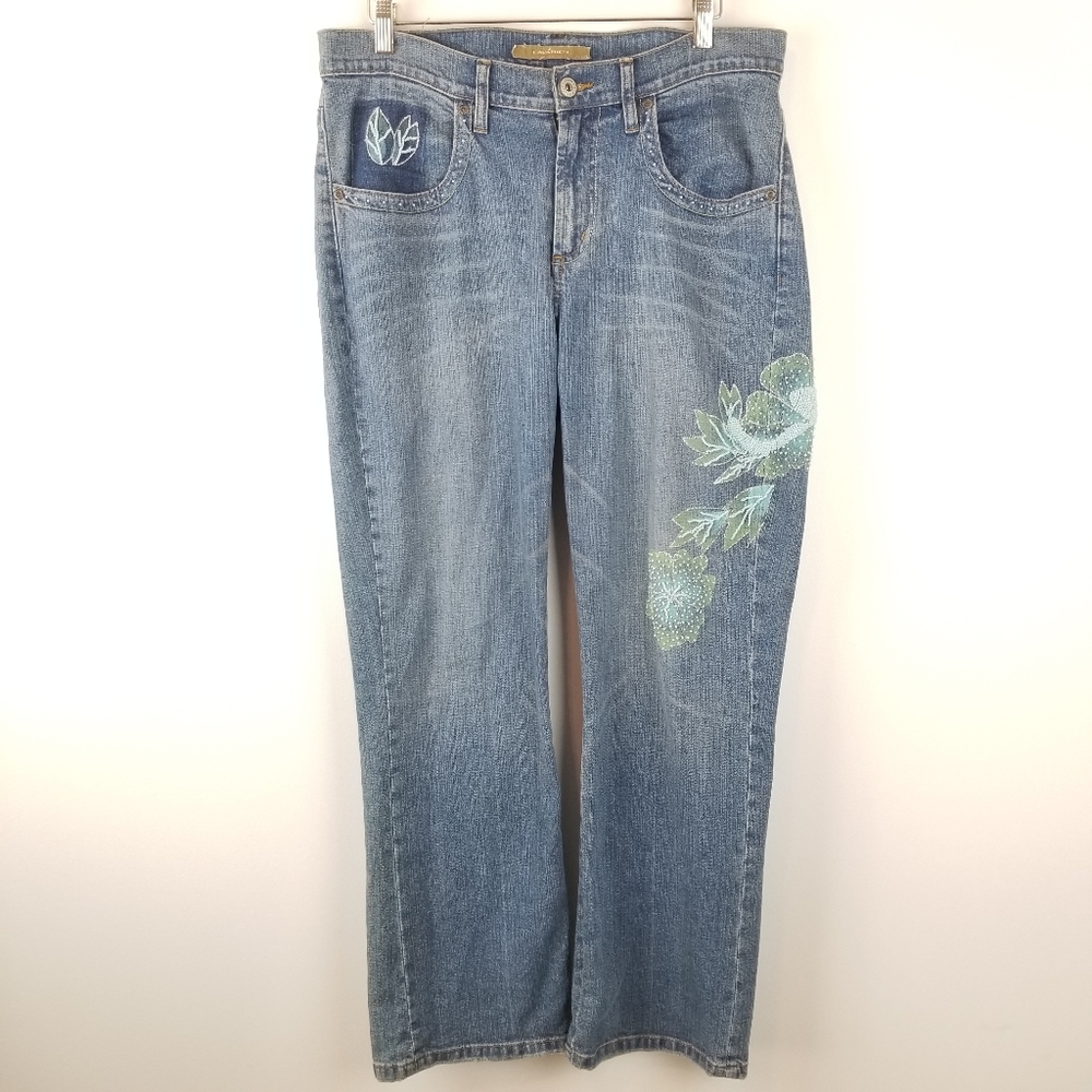 Vintage Y2K‎ Beaded Floral Jeans High Rise Straight Leg Denim Size 12